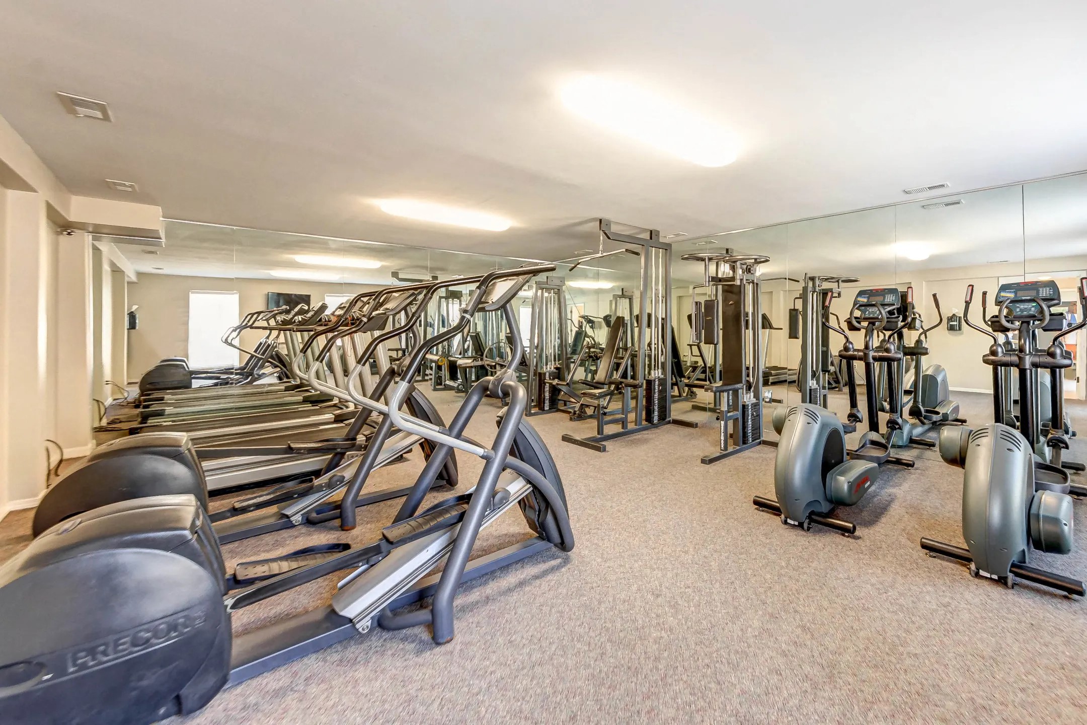 the gym at the preserve at polo towers has cardio equipment and weights