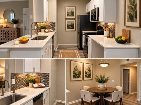 A modern kitchen with a dining area.
