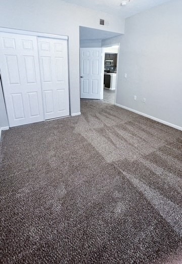 an empty living room with a carpeted floor and white doors