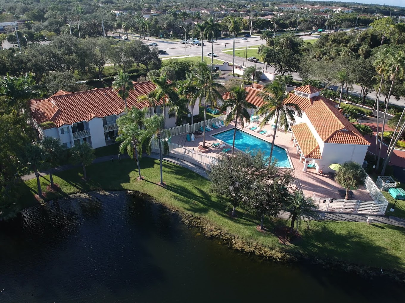 a house with a swimming pool and palm trees