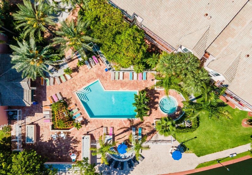 an aerial view of a pool and a backyard with palm trees