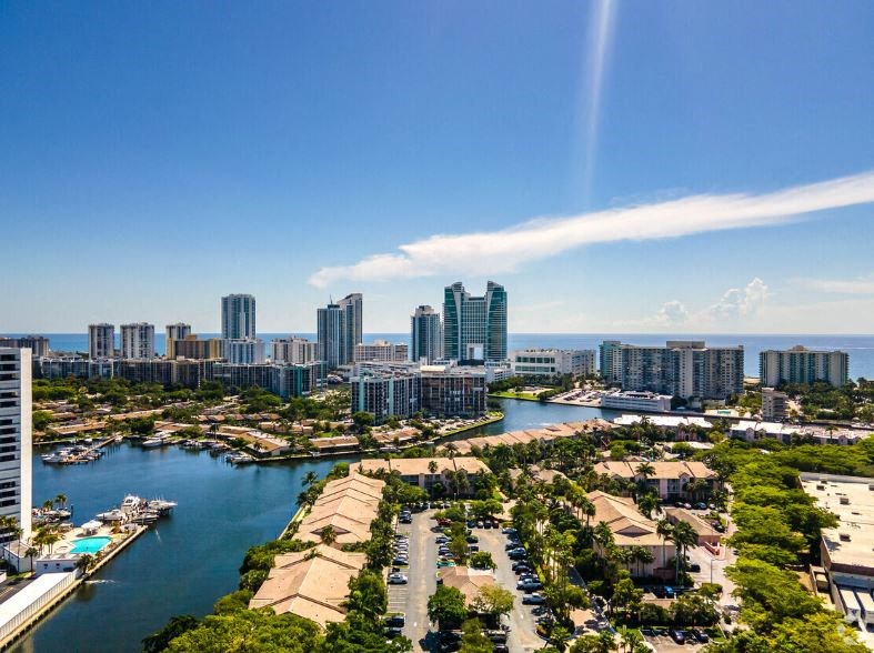 an aerial view of the city