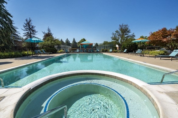 a swimming pool with a hot tub and trees in the background