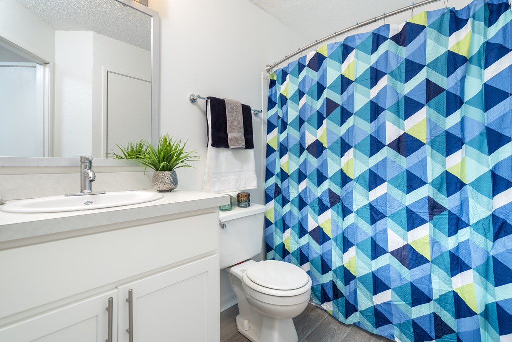 a bathroom with a blue and white shower curtain