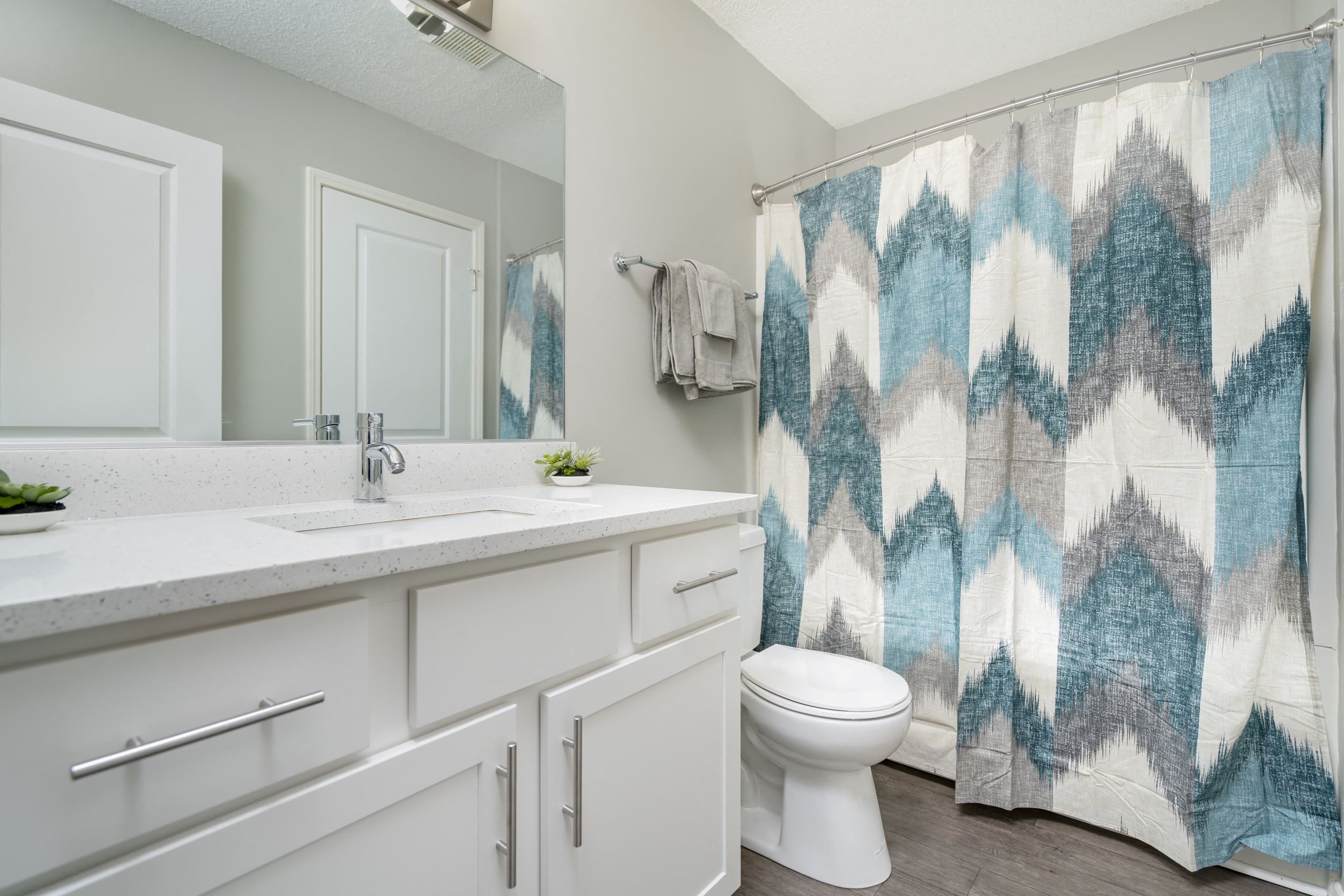 a bathroom with a shower curtain and a toilet