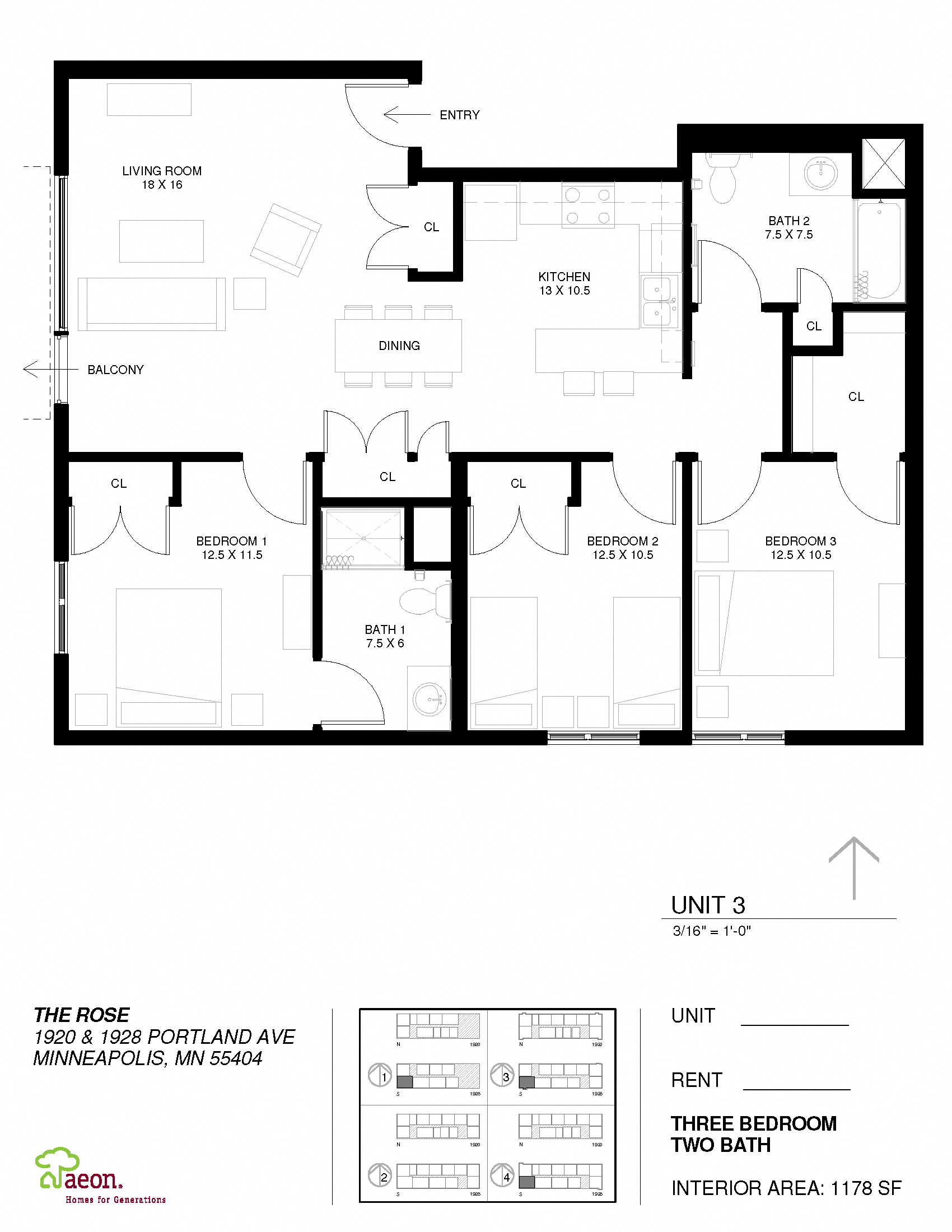 The Hawthorne - 3 Bedroom Apartment Floor Plan
