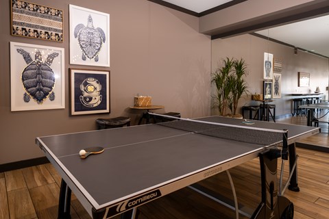 A ping pong table with a white ball and paddle on it.