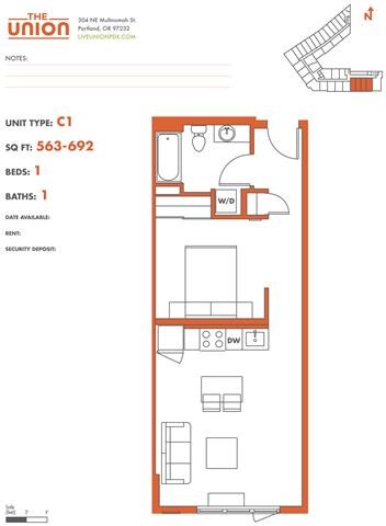 The Union Portland OR 1 Bedroom Sq Ft 541 Unit C1-2