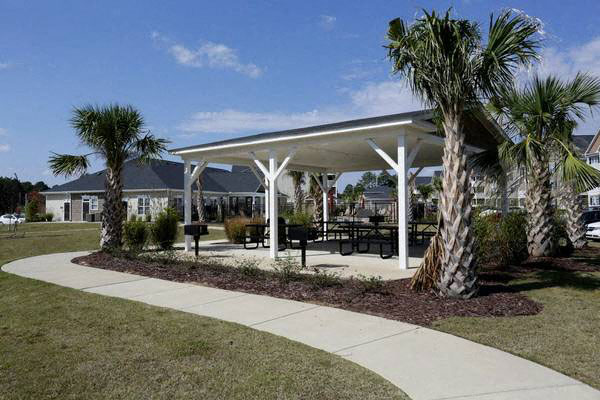 a covered patio with palm trees and a sidewalk