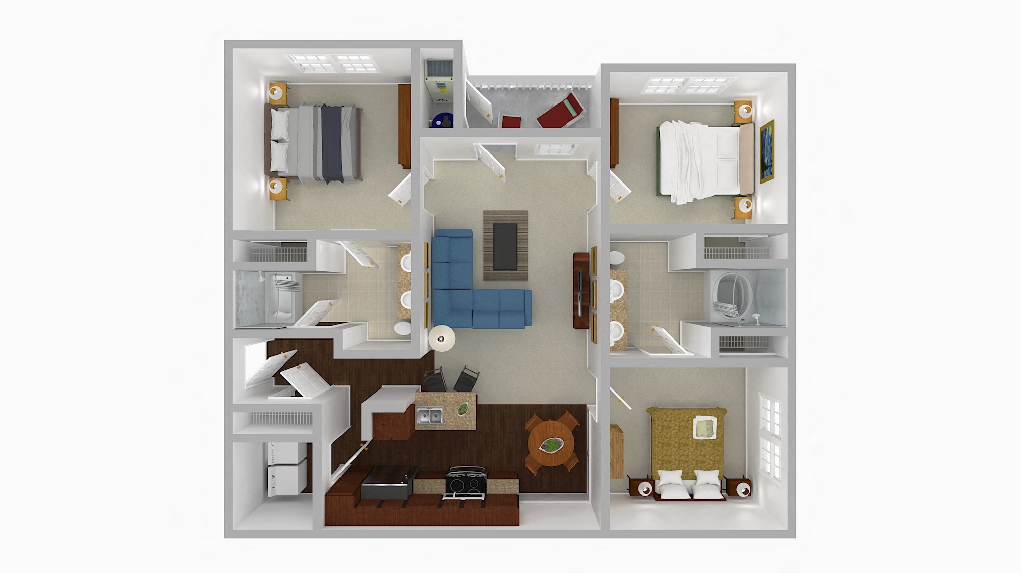 Three Bedroom Two Bathroom 3D Floor Plan Rendering of the Boyd