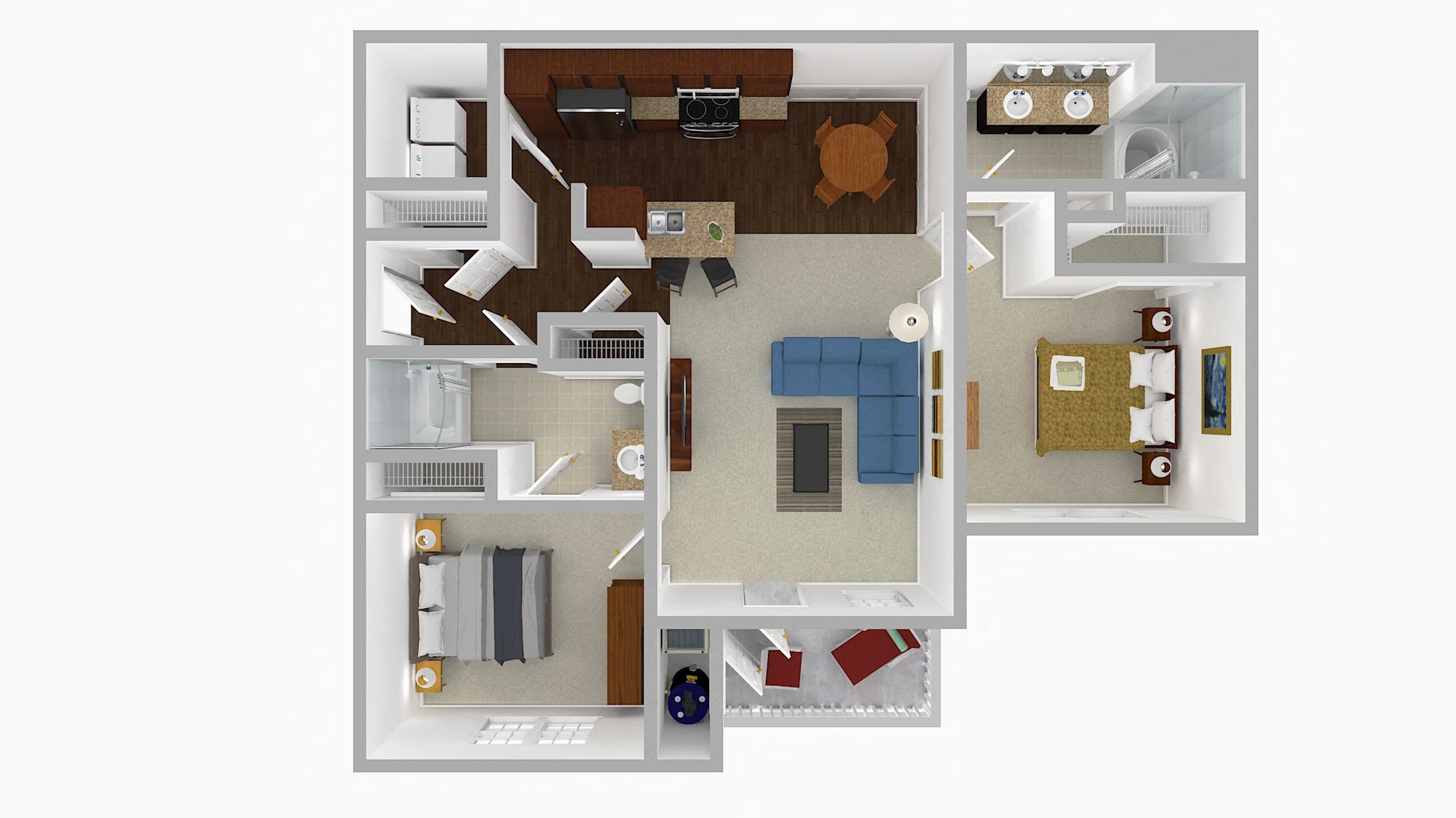 Two Bedroom Two Bathroom 3D Floor Plan Rendering of the Highland