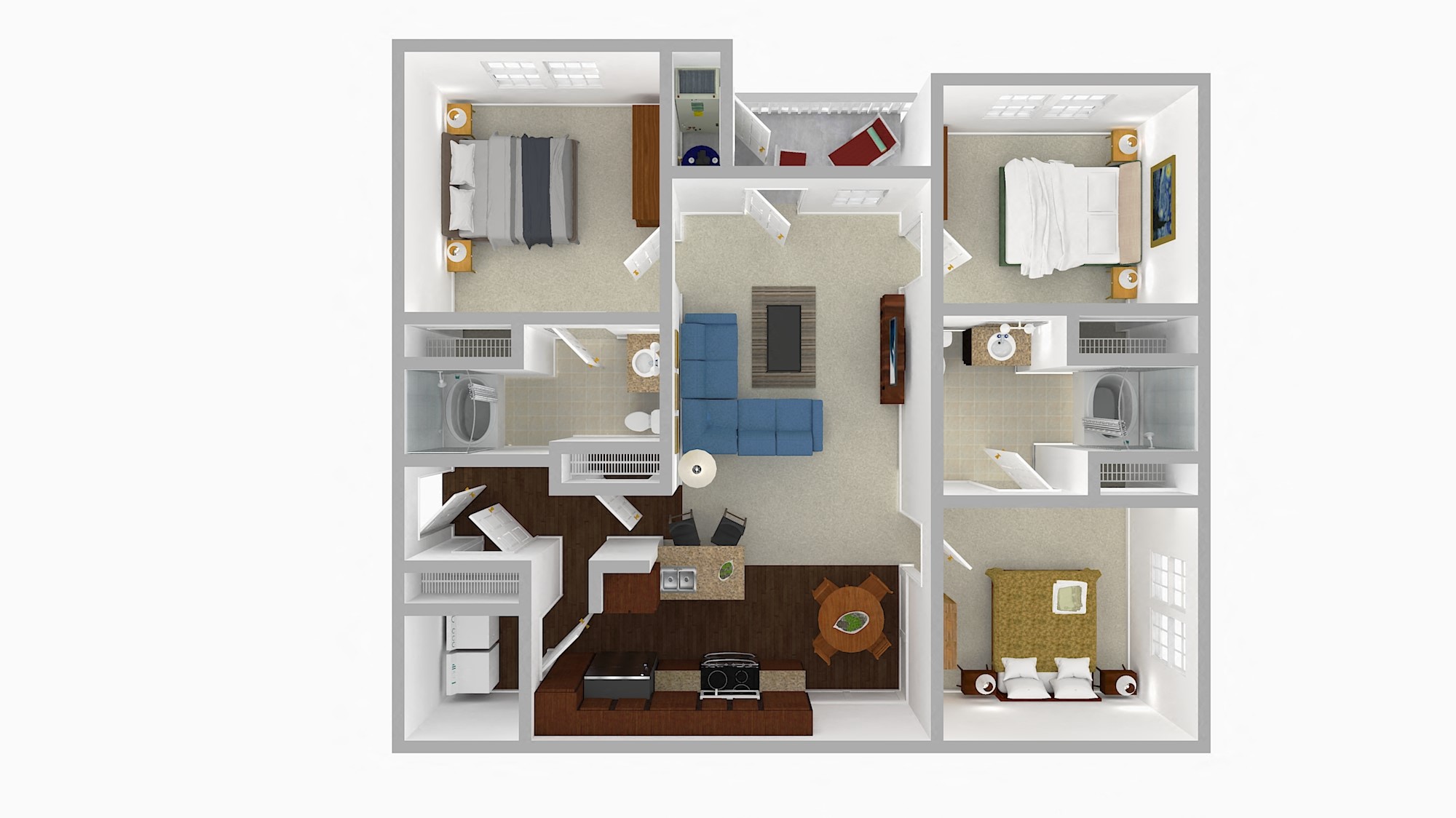Three Bedroom Two Bathroom 3D Floor Plan Rendering of the Morgan