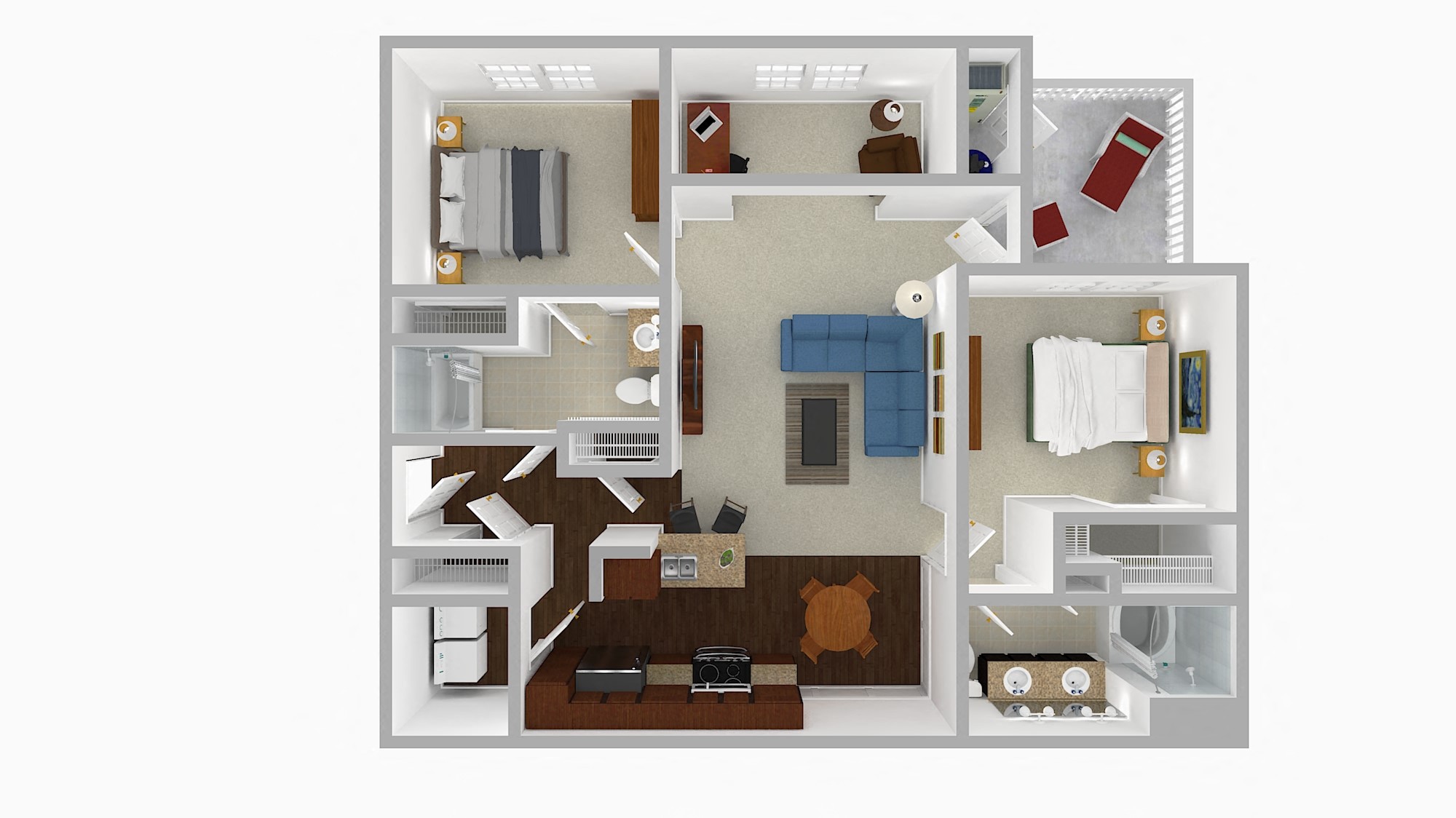 Two Bedroom Two Bathroom 3D Floor Plan Rendering of the Shaw