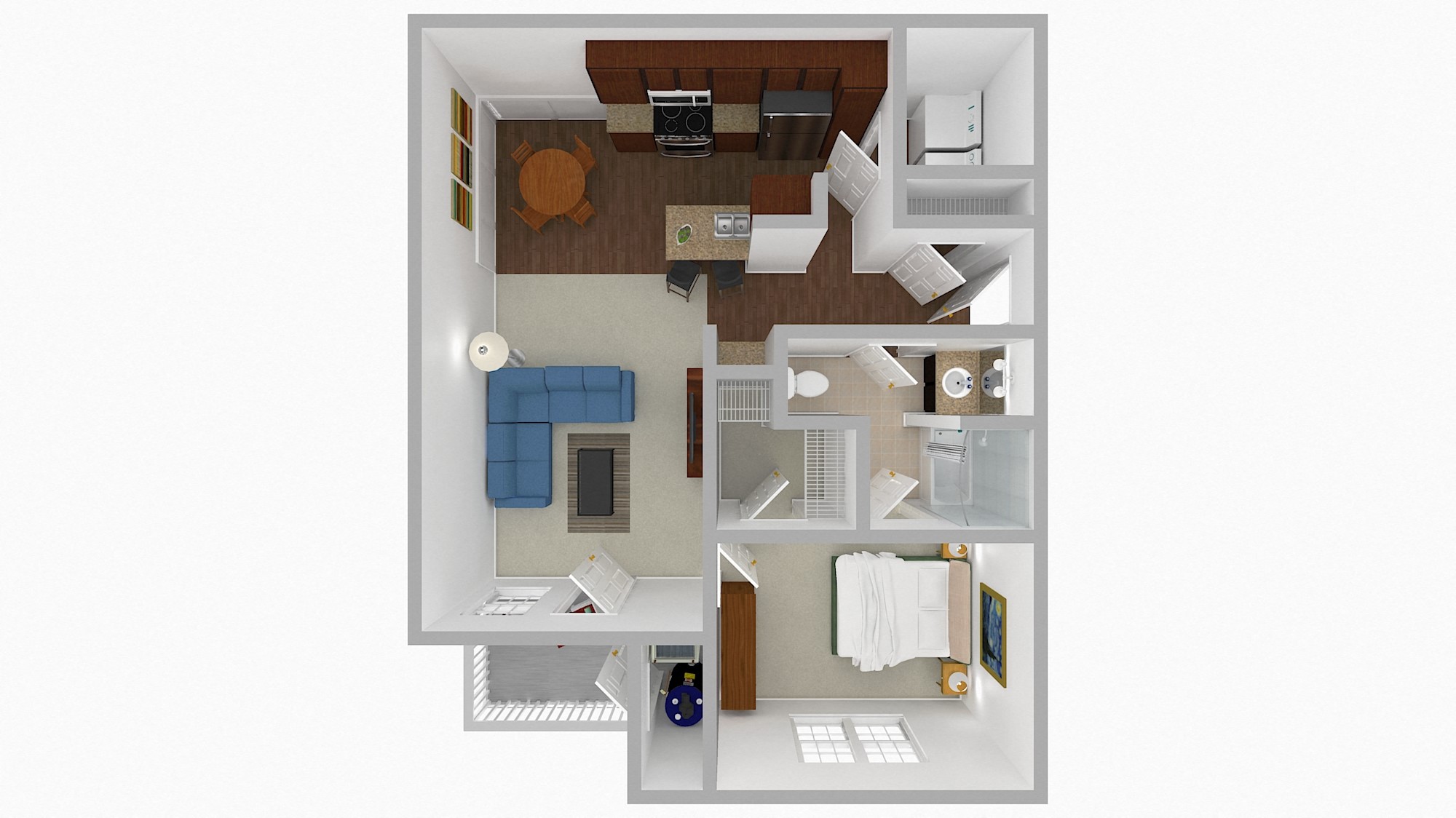 One Bedroom One Bathroom 3D Floor Plan Rendering of the Squire