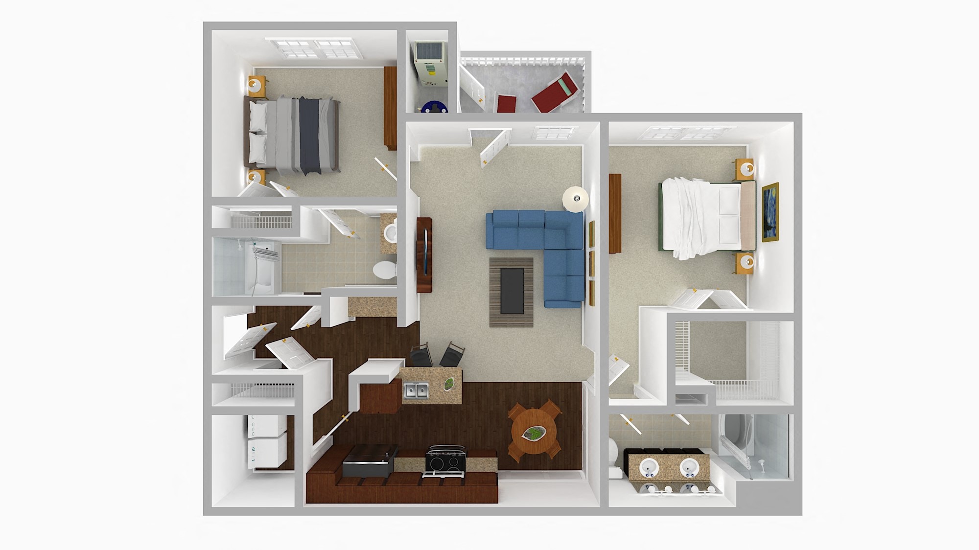 Two Bedroom Two Bathroom 3D Floor Plan Rendering of the Weymouth