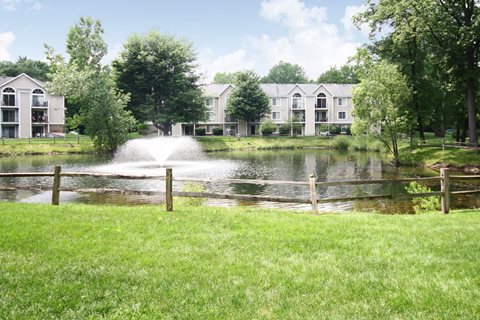 Lake With Fountain at The Highlands Apartments, Indiana