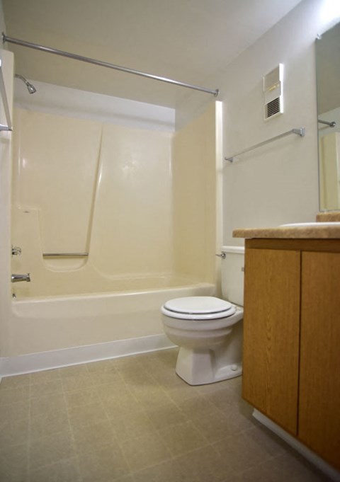 Bathroom with beige tub and wood vanity at Charter Oaks Apartments, Davison, MI, 48423