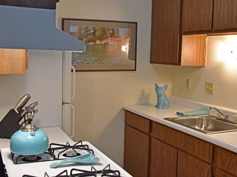 A blue gas stove in a kitchen with wooden cabinets.