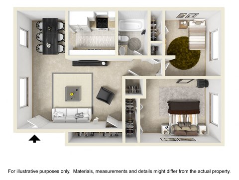 Two Bed One Bath Floor Plan at Country Club Apartments, Virginia