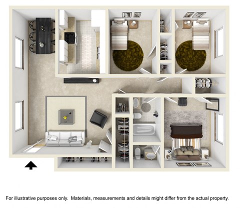 Three Bed One Bath Floor Plan at Country Club Apartments, Virginia, 23185