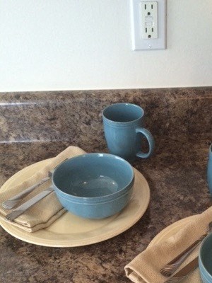Kitchen at Wayside Apartments, Raeford a counter top with plates and cups on it