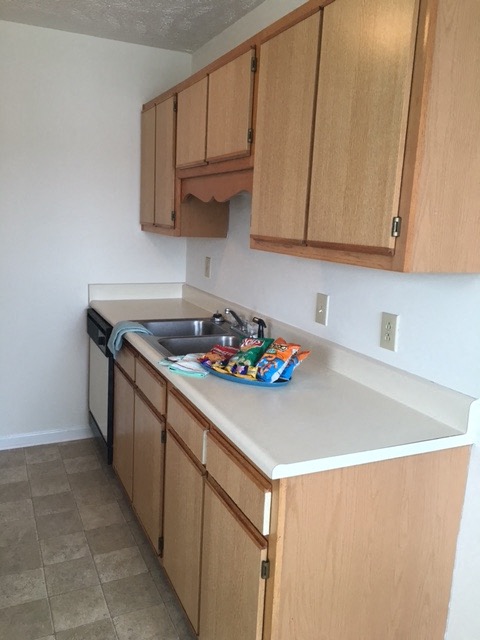 a kitchen with wooden cabinets and a sink