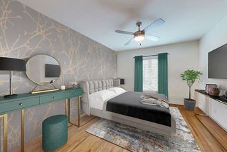 a bedroom with gray walls and a green desk