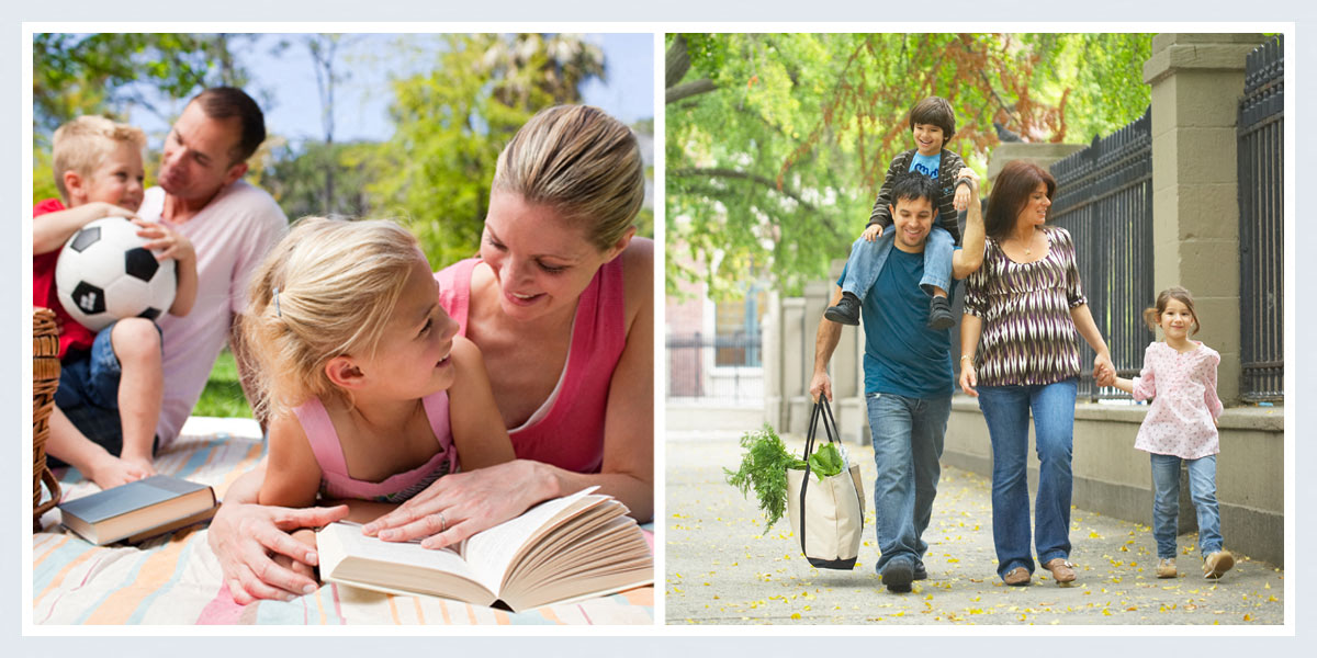 a family walking down the street and a woman reading a book