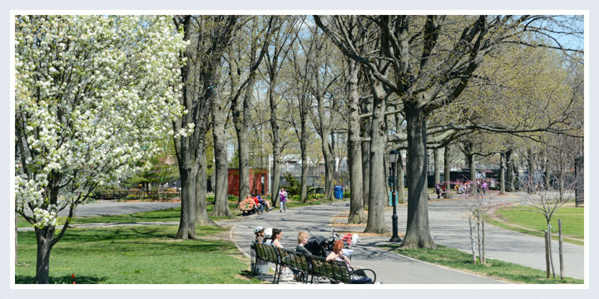 people sitting on benches in a park
