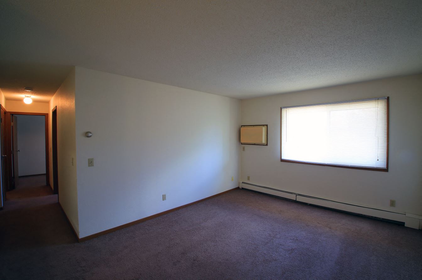 an empty living room with a large window and carpet