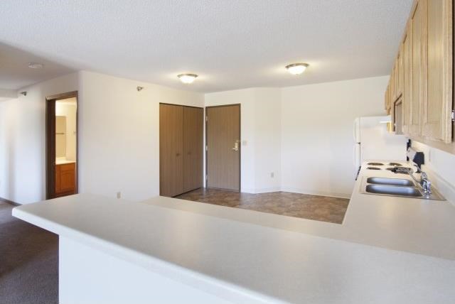 an empty kitchen with a sink and a refrigerator