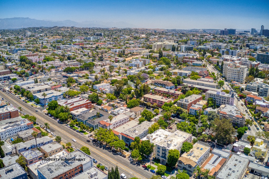 an aerial view of the city