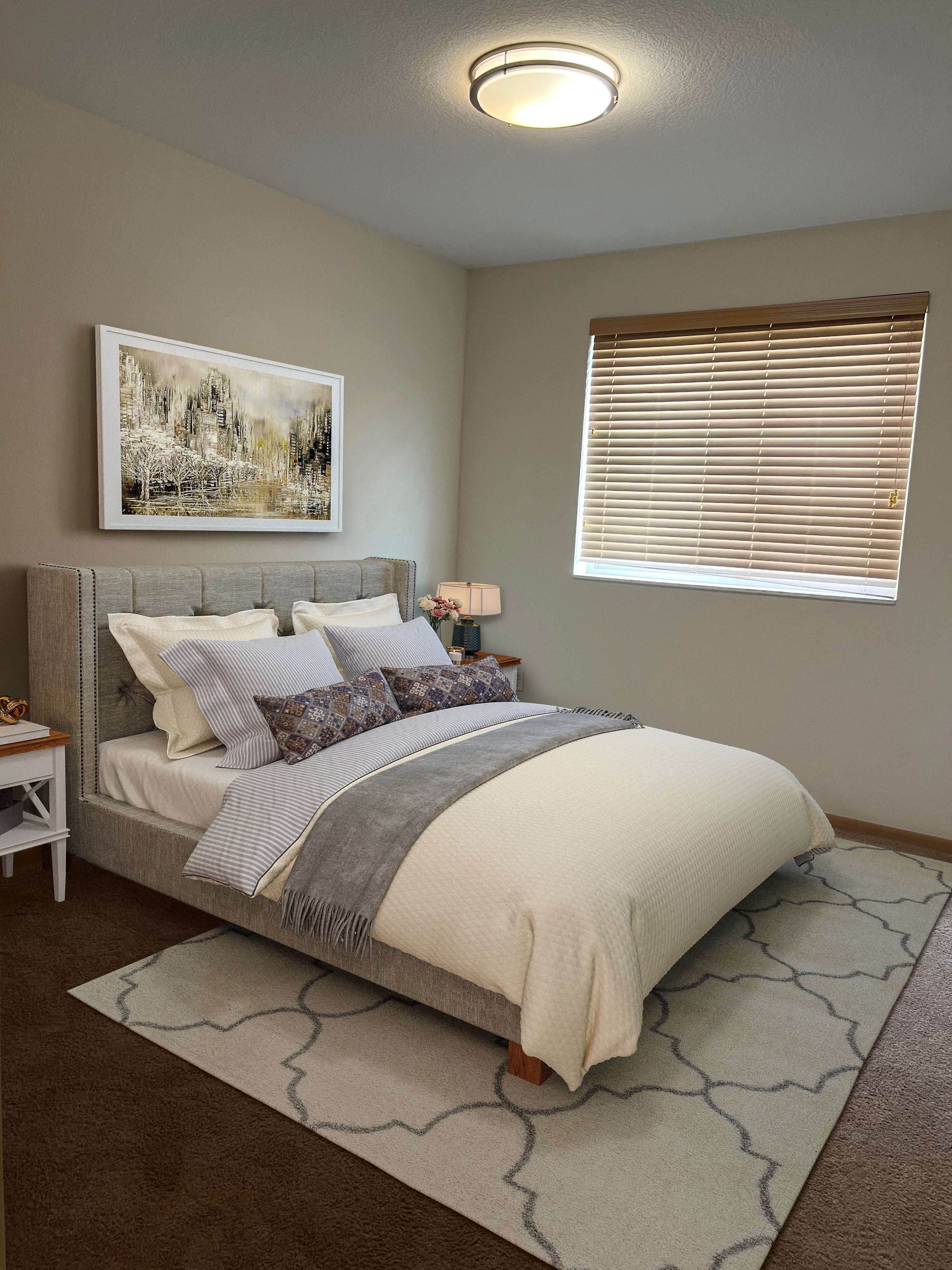 a bedroom with a bed and a window and a rug