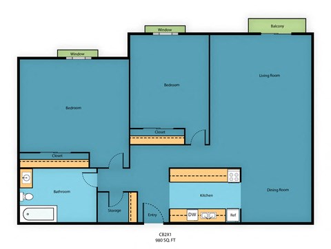 2 Bed 1 Bath Floor Plan at Campo Basso Apartment Homes, Lynnwood, WA, 98087