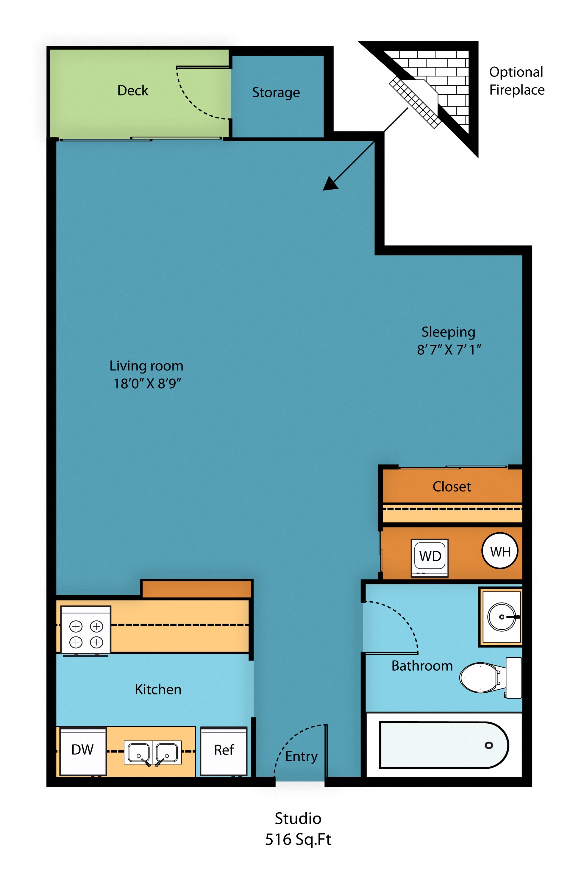 Studio 2 Floor Plan at Casa Blanca Apartment Homes, Everett, WA, 98204