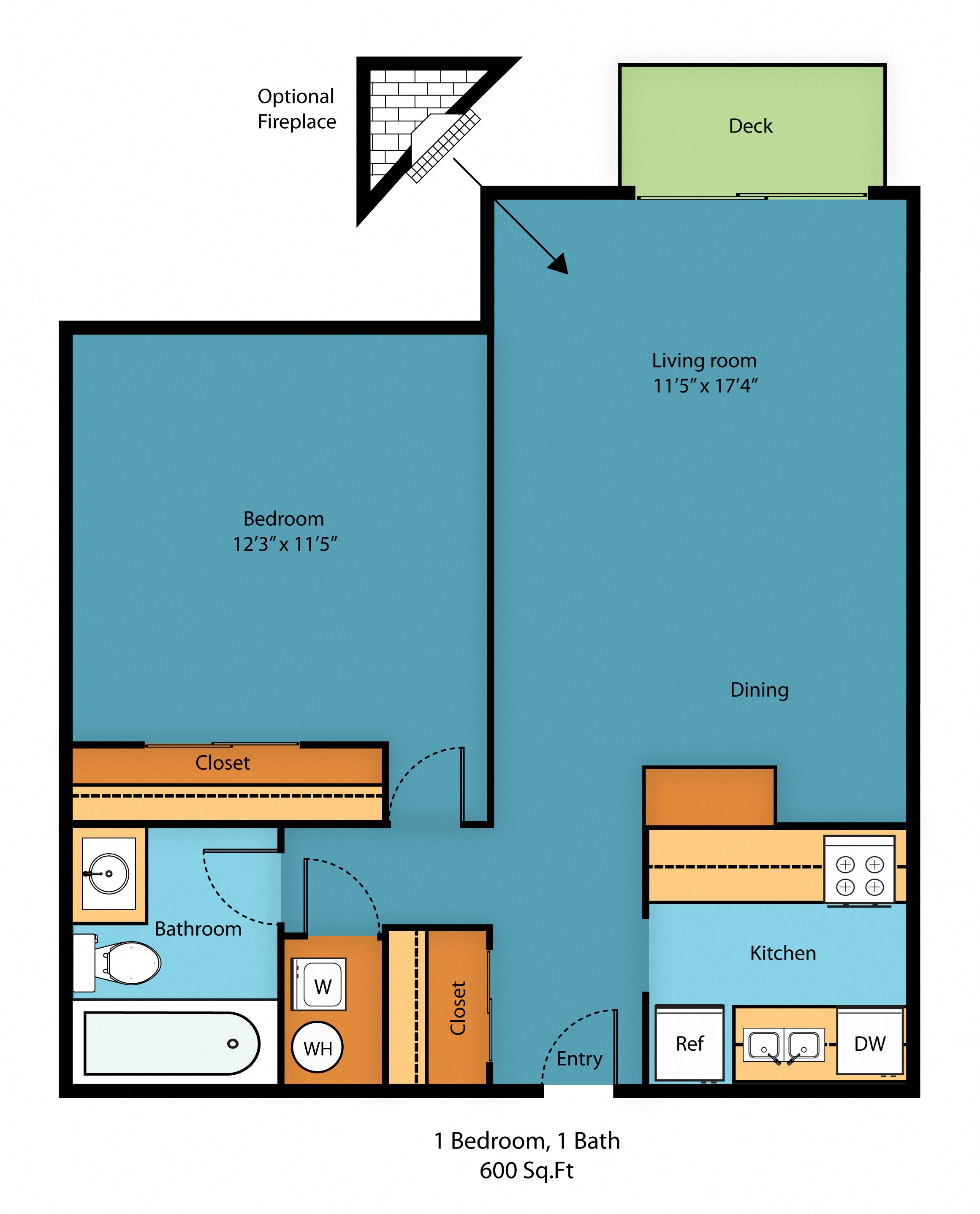 1 Bed 1 Bath Floor Plan 3