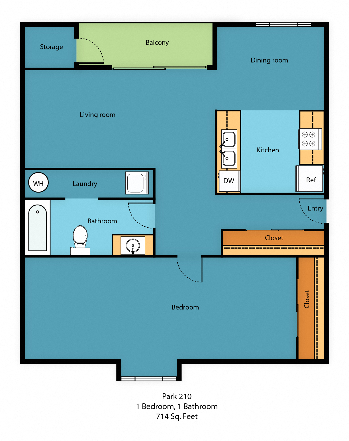 1x1 Floor Plan at Park 210 Apartment Homes, Edmonds, WA