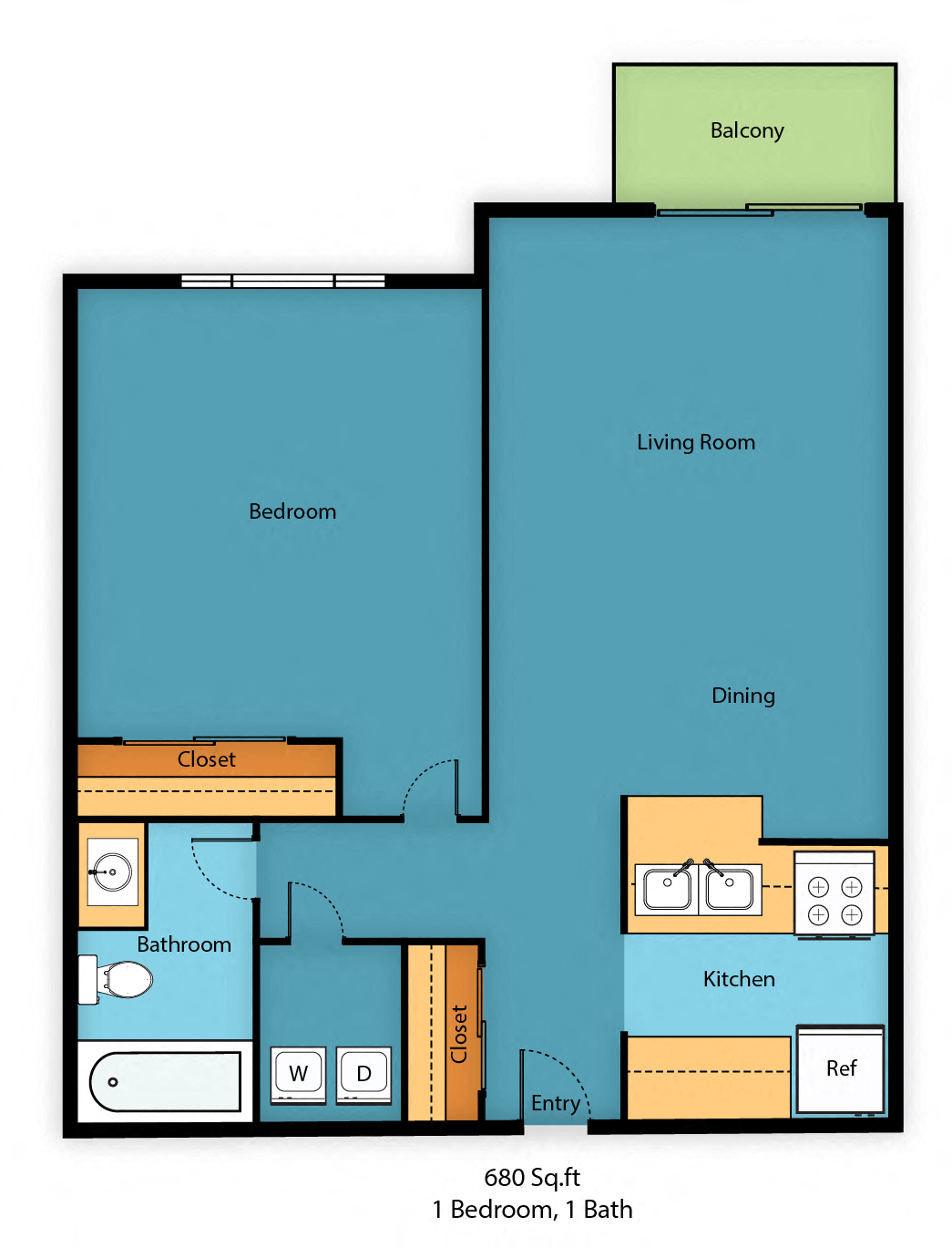 1 Bedroom 1 Bath Floor Plan at Park Edmonds Apartment Homes, Edmonds, WA, 98026