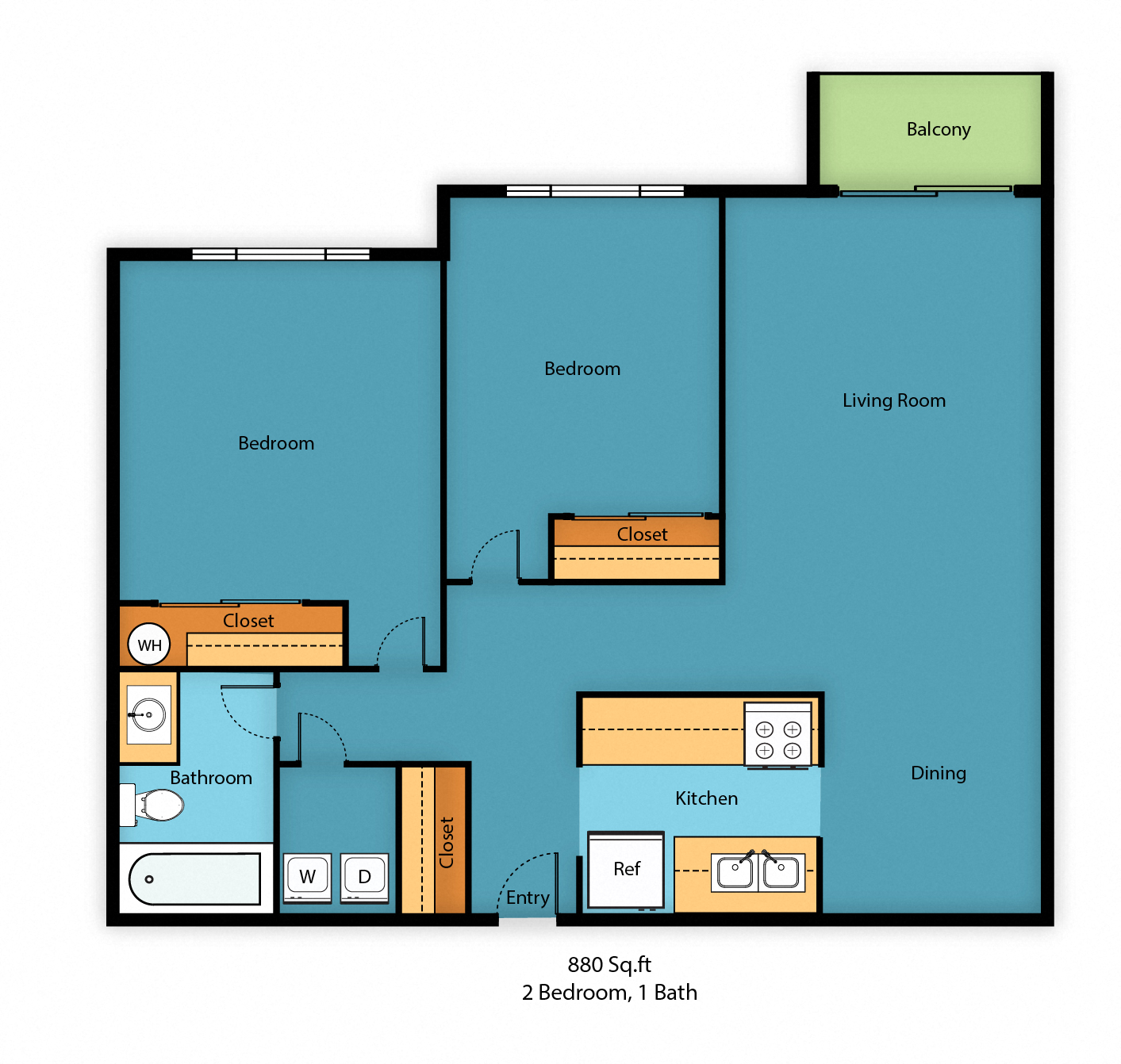 2 Bedroom 1 Bath Floor Plan at Park Edmonds Apartment Homes, Edmonds, WA