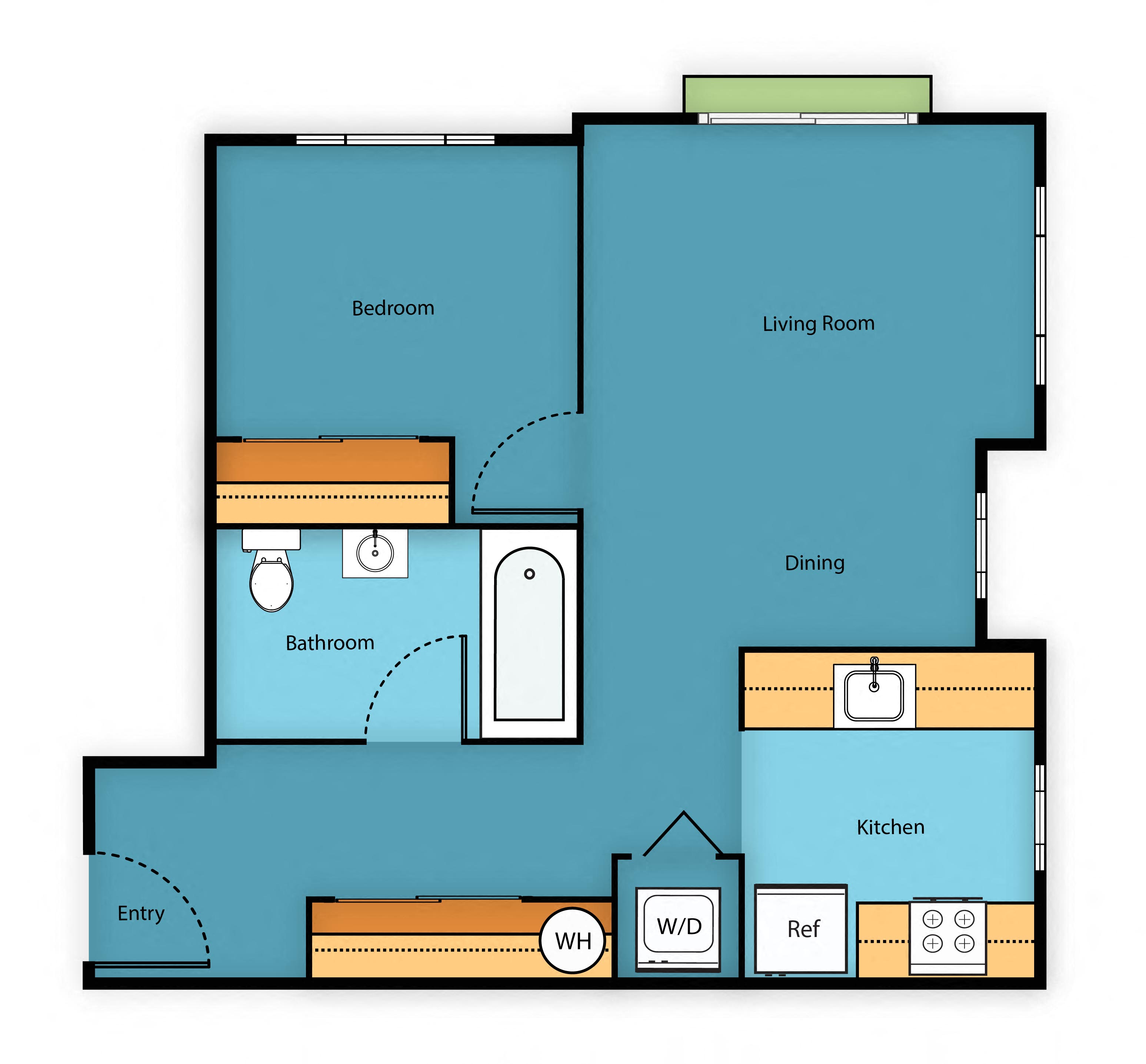 One Bedroom One Bath Floor Plan at Sir Gallahad Apartment Homes, Bellevue, WA, 98004