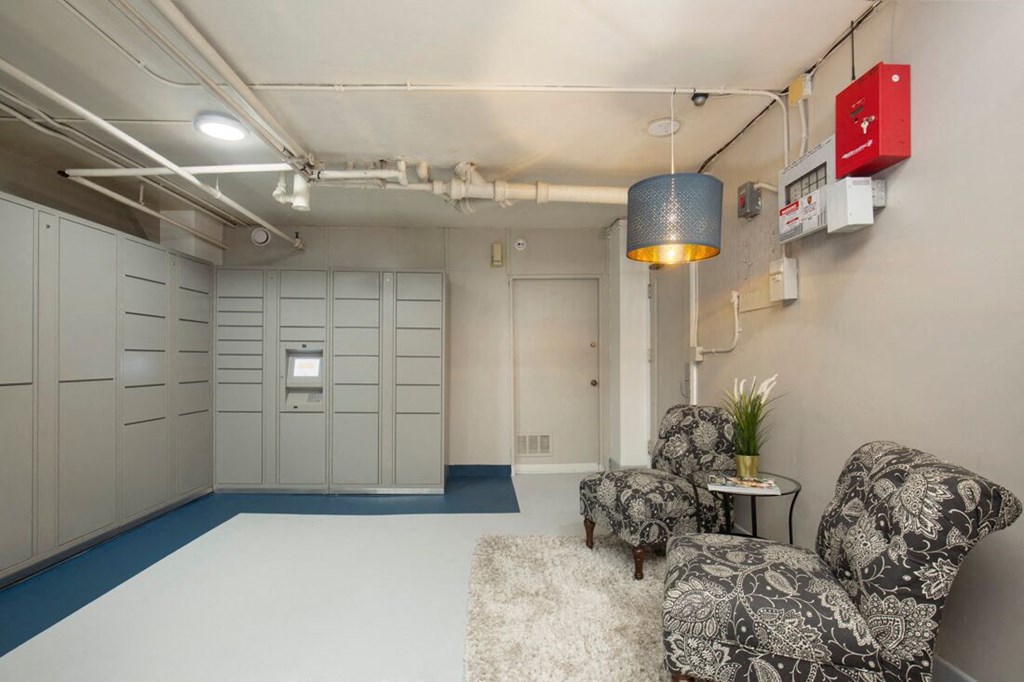 Laundry Area with Package Lockers and two cozy chairs at Stockbridge Apartment Homes, Seattle