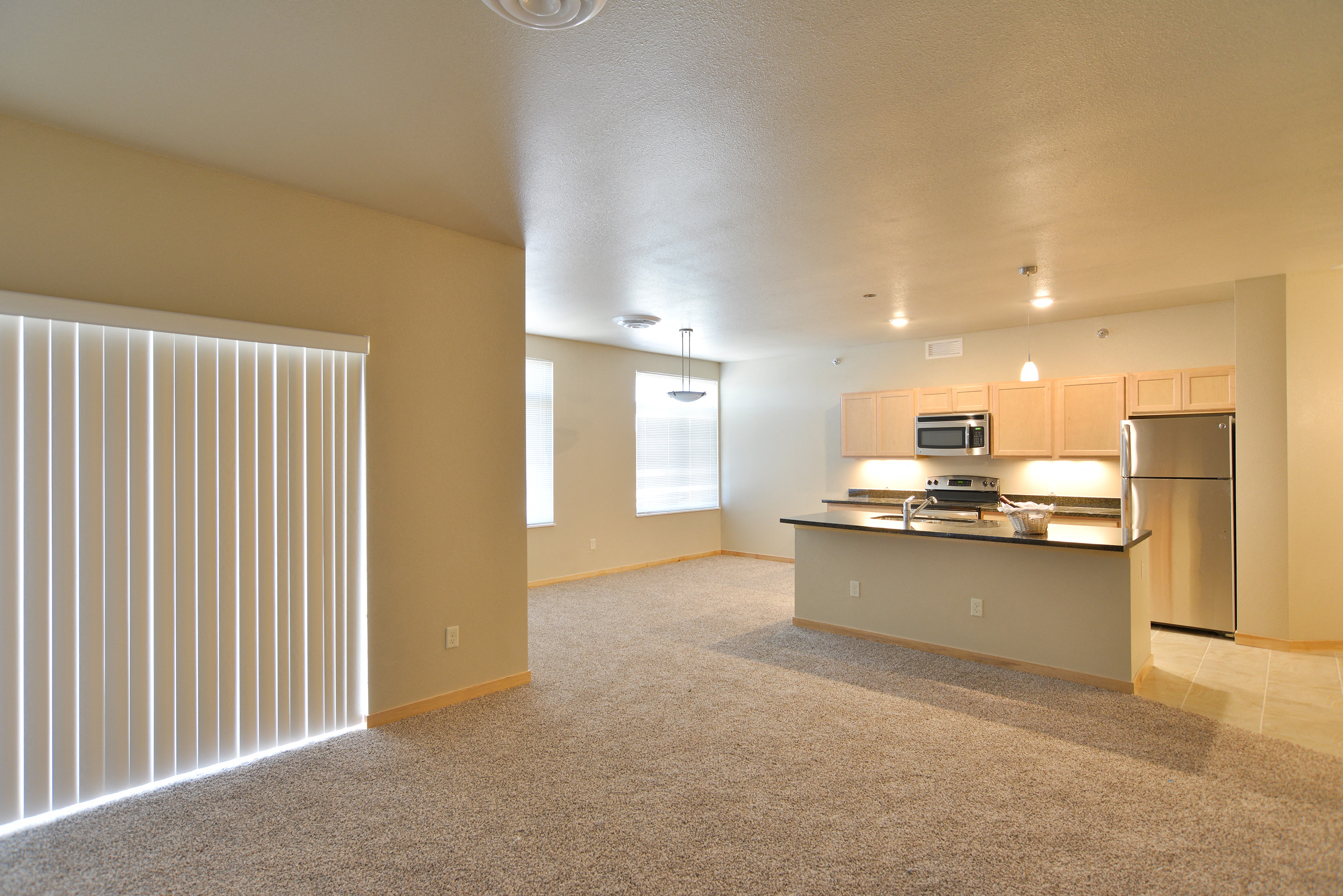 an empty living room with a kitchen with stainless steel appliances