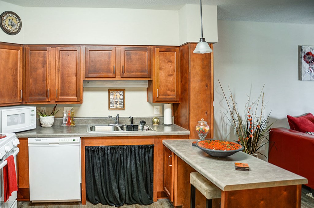 a kitchen with wooden cabinets and a counter top and a sink