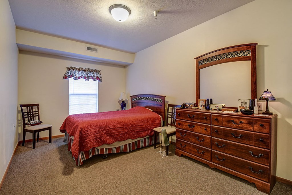 a bedroom with a bed and a dresser