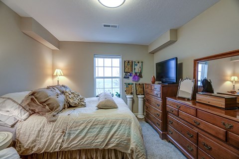 a bedroom with a bed and a dresser and a tv
