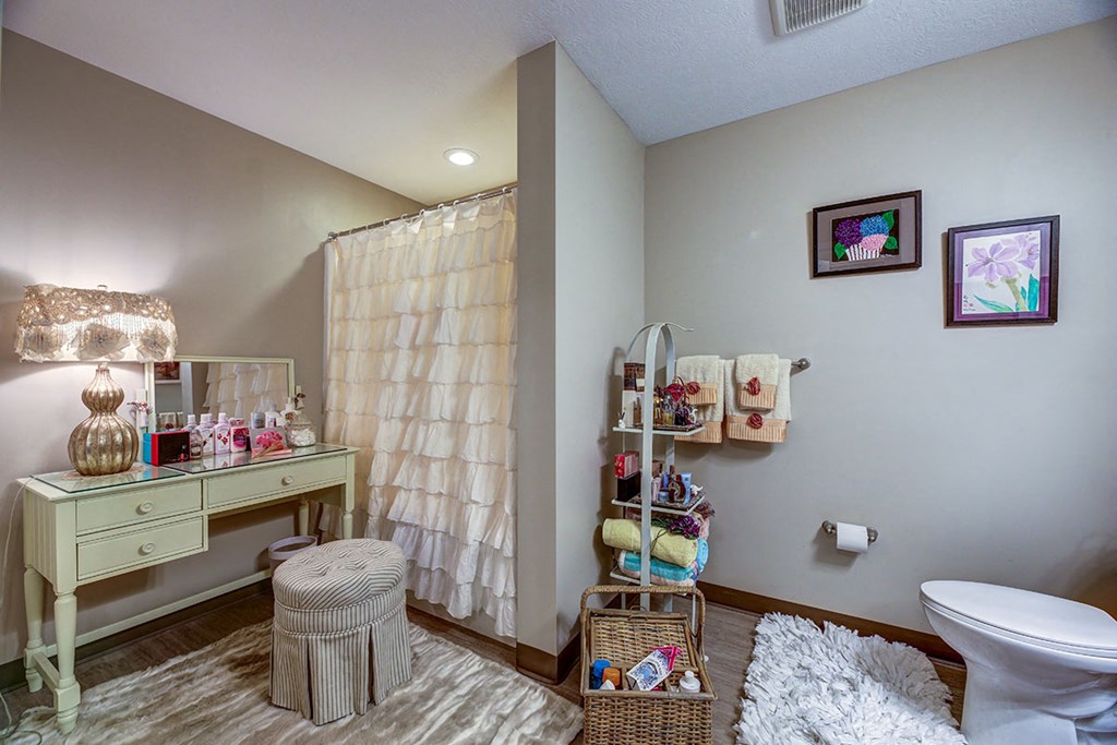 a bathroom with a vanity and a toilet and a shower