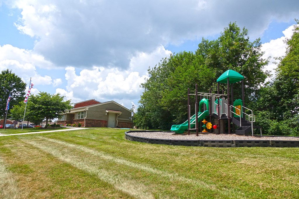 a playground in a yard with a house in the background
