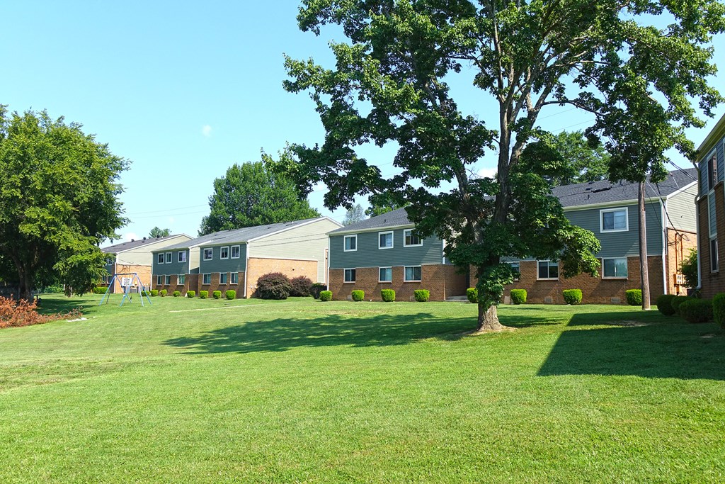 a green lawn in front of a row of houses