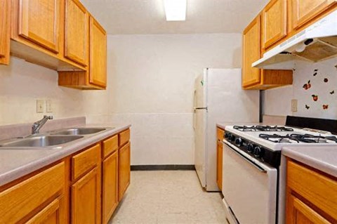 a kitchen with a stove refrigerator and sink