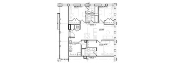 A floor plan of a house with three bedrooms, a living room, a kitchen, and three bathrooms.